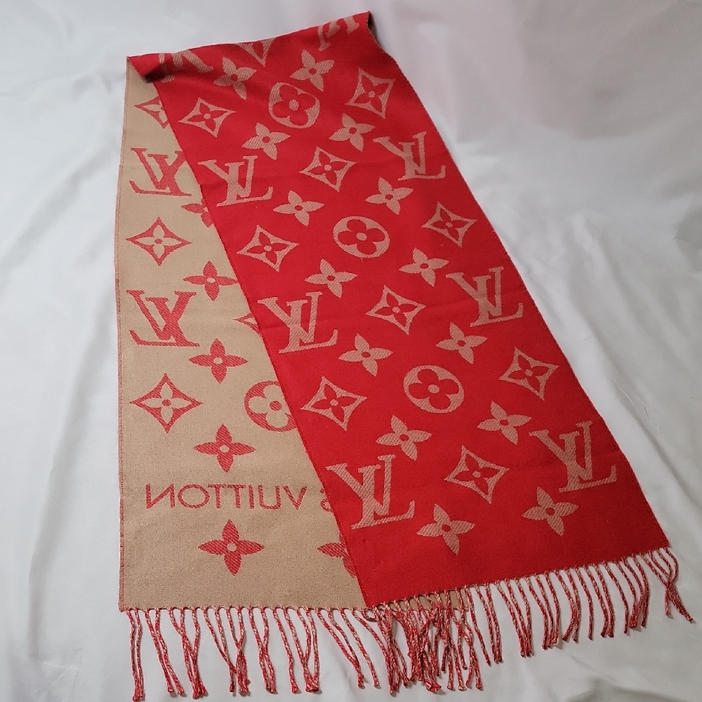Louis Vuitton Red and Beige Monogram Reversible Scarf with Fringe